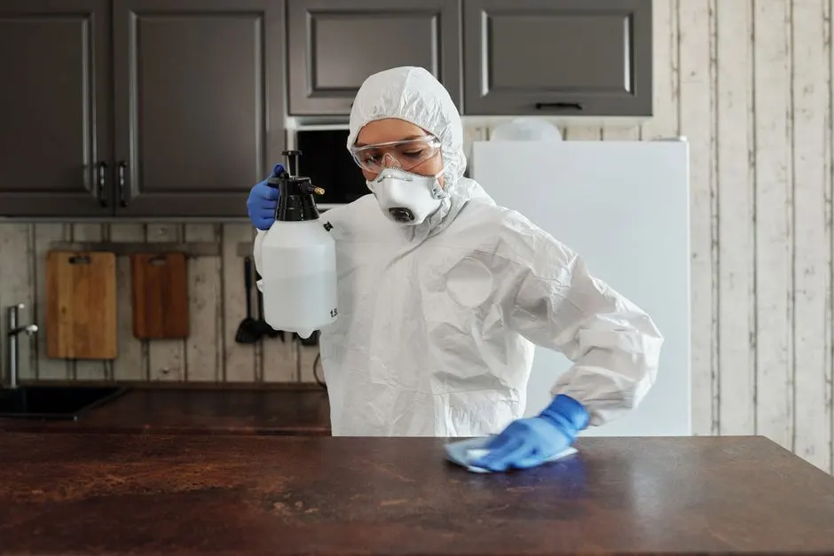 A person in protective clothing disinfects a kitchen counter indoors, focusing on safety and cleanliness.